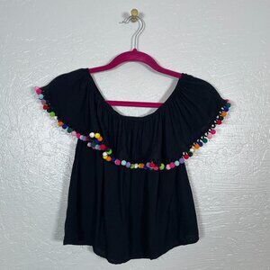 Collectif Women S Black Pom Pom Blouse Off the Shoulder Pinup Retro VLV